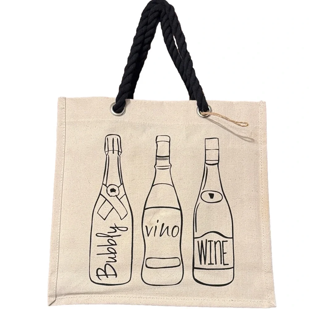 Canvas Wine Tote with Black Handles Holds 6 Bottles